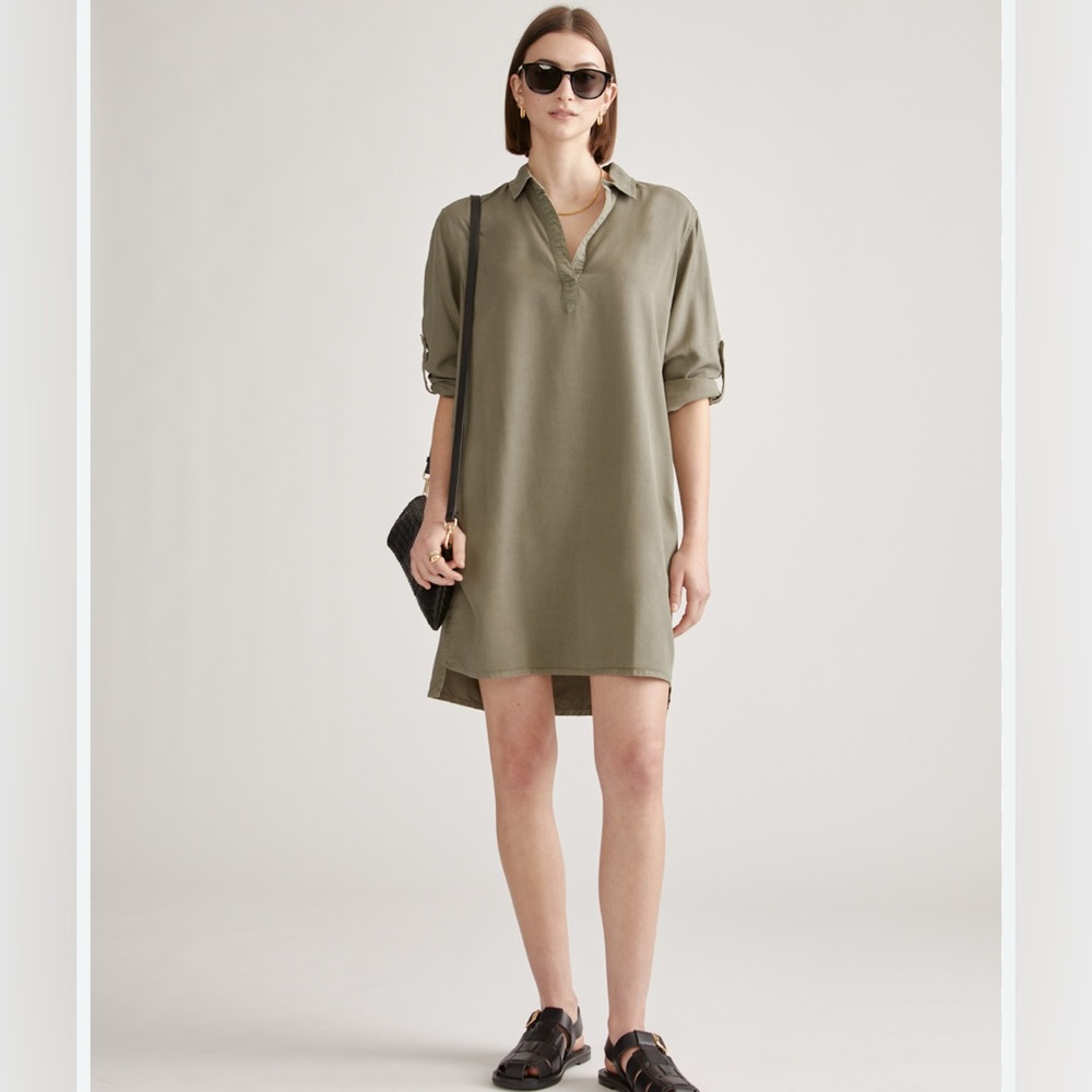 Quince Vintage Wash Tencel Roll Sleeve Tunic Dress Womens‎ Size XS Olive